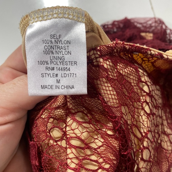 Luxxel Maroon Sheer Net Embroidered Floral Bodycon Dress With Nude Bodysuit M - Picture 12 of 15
